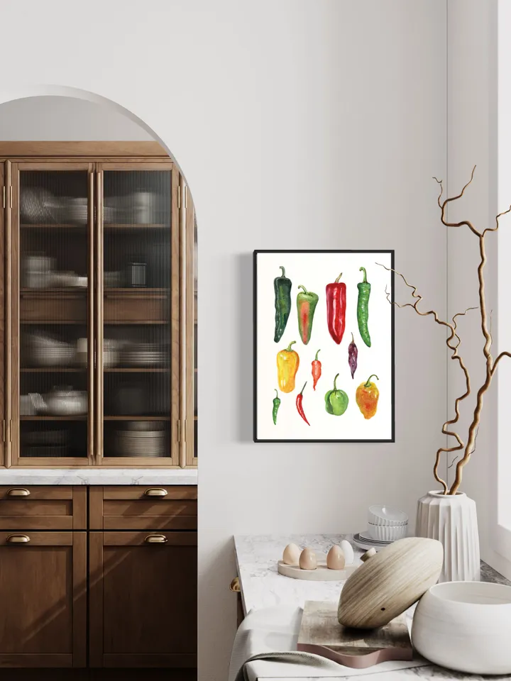 Chili Peppers Art Print, Watercolor Painting, Colorful Vegetables Art, Restaurant Decor, Kitchen Art Print, Chef Gift, Red Hot Pepper Print