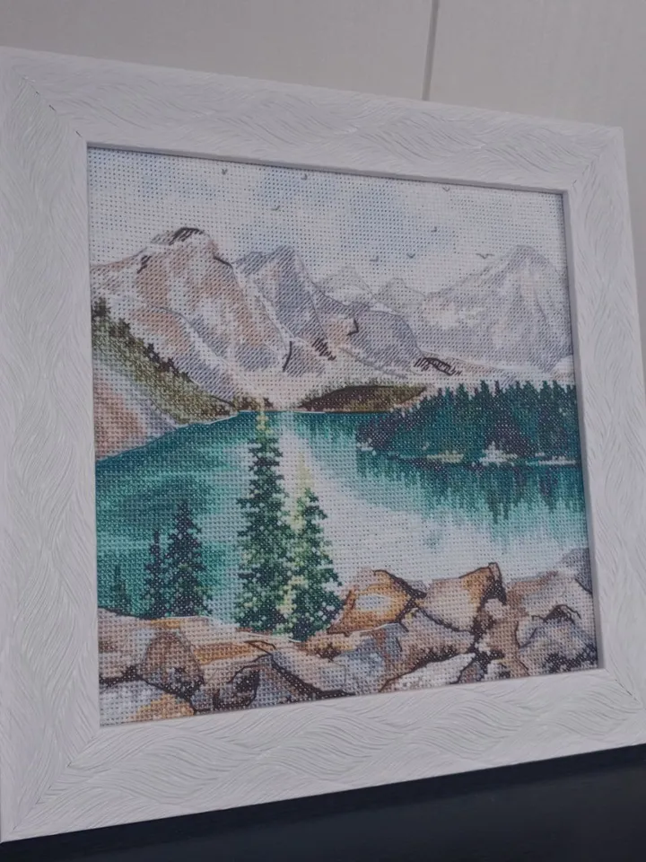 Handmade Moraine Lake painting, Canadian landscape wall art, for home decor, finished cross stitch