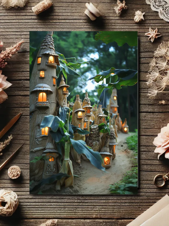 Set of 6 Enchanted Fairy and Mythical Creature House Postcards – Fantasy Art Collection. Corn Houses