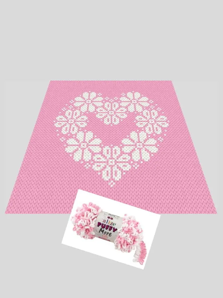 Loop yarn Finger knitted Flowers Heart blanket pattern