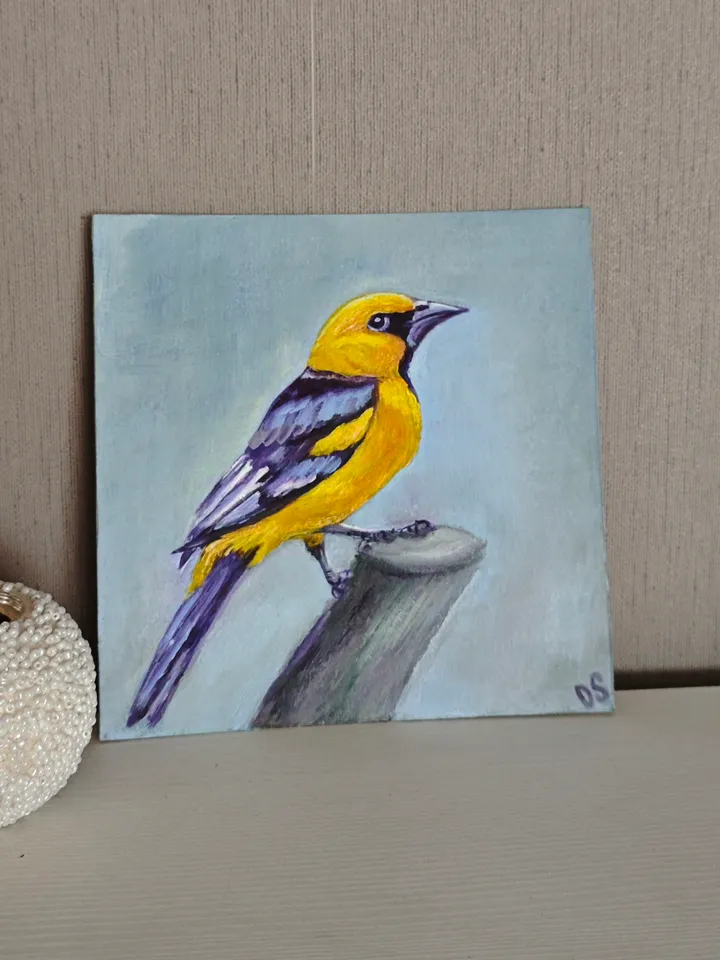 Oriole Bird Original Painting Bird Original Art Animal Modern Artwork Yellow Bird Wall Art Bright Yellow Bird Painting 8x8 inches by OlgaSokolovaArt