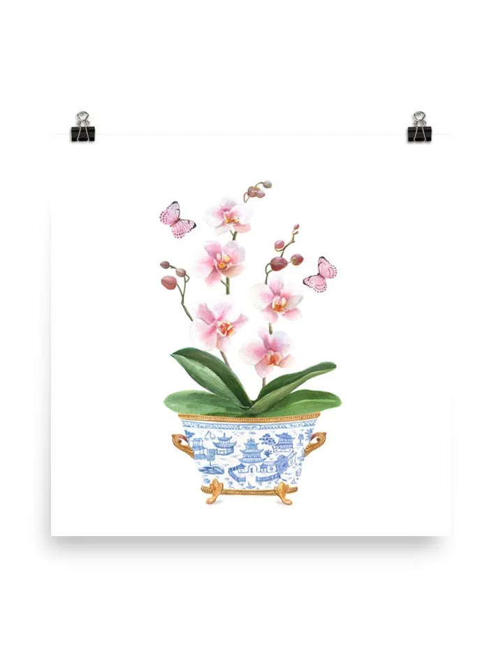 Chinoiserie Vase Orchid Watercolor Painting, Ginger Jar, Blue And White Jar, Pink Flower In Vase, Vintage Chinoiserie, Pagoda Art Print