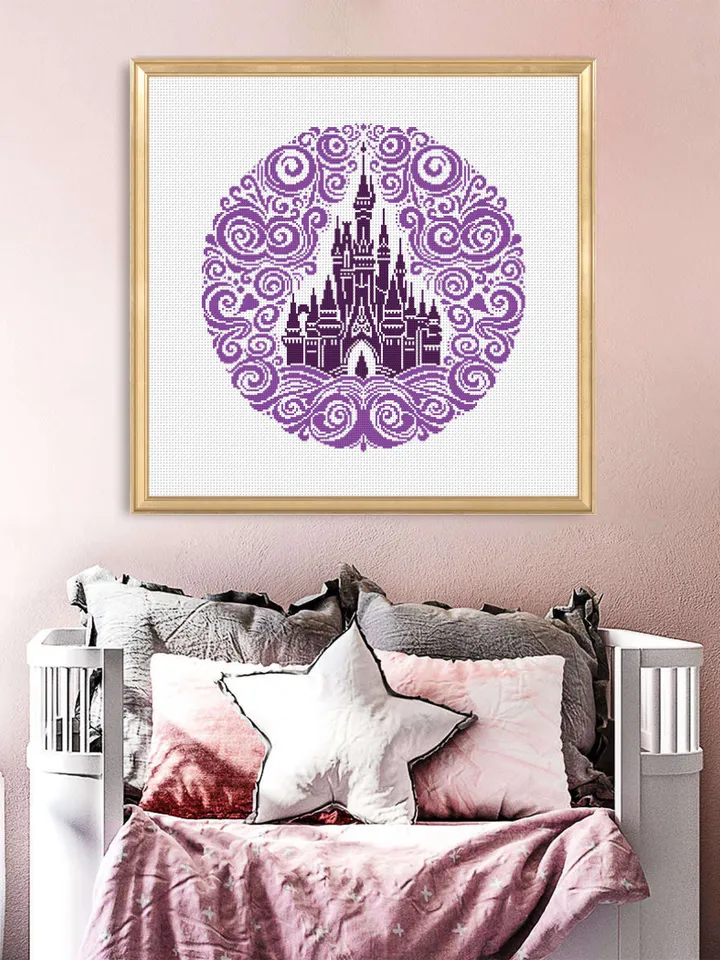 Cinderella castle mandala cross stitch pattern PDF download Magic Kingdom cross stitch chart, Fairy castle silhouette embroidery PDF #C8