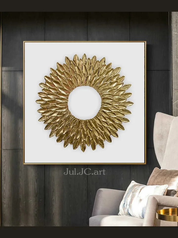 Gold and White Abstract Wall Art Modern Original Painting | Gold Petals Textured artwork Golden modern wall decor