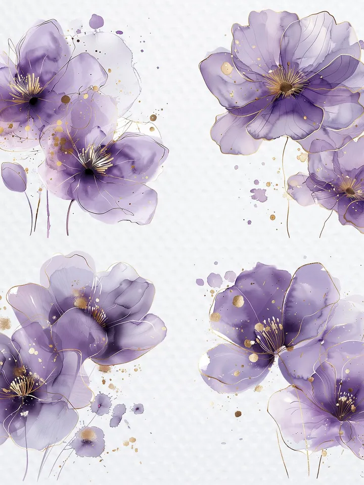 10 Abstract Flowers PNG Bundle, Purple Flowers Printable Watercolor clipart for sublimation, Digital download, Paper craft, junk journals