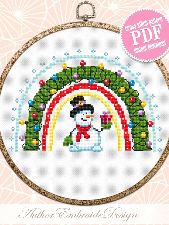 Rainbow Christmas cross stitch pattern PDF download Small snowman cross stitch chart, Christmas pattern digital PDF, Christmas lights #N138