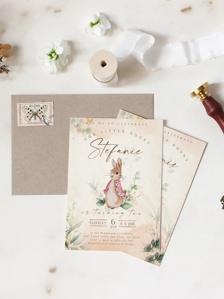 Peter Rabbit First Birthday Invite; Bunny Baby Birthday Invitation template; Our little bunny turning one; Girl bunny birthday invitation