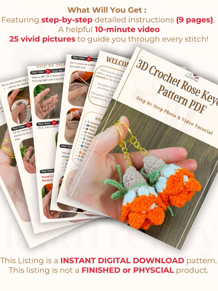 3D Crochet Rose Keychain Pattern PDF, Handmade Floral Bag Charm, Amigurumi Flower Keyring DIY, Cute Gift Idea, Instant Download