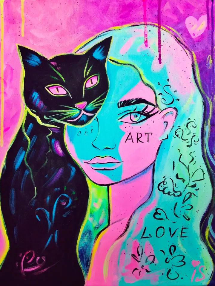 "Cat girl" neon painting, Original Acrylic Art