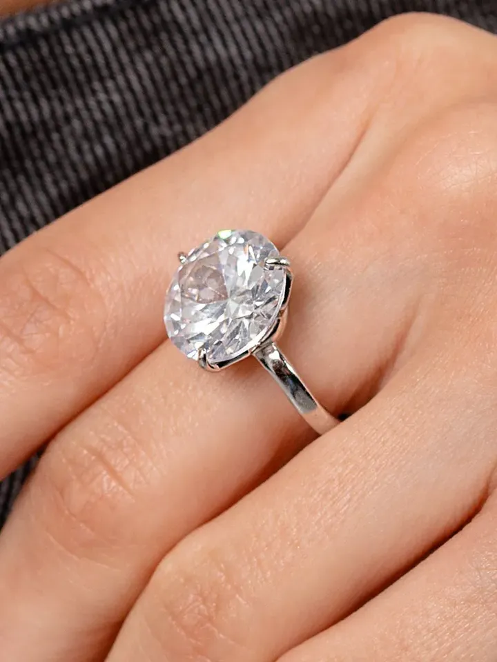 Rhodium plated ring with large cubic zirconia 14 mm made of 925 silver