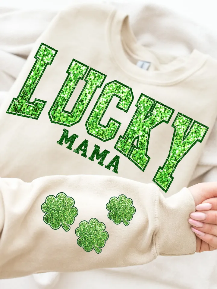 Sequin Lucky Mama Varsity PNG, St Patrick's Png, Mom Shirt, Lucky Varsity Png, St Patty's Png | Glitter Sequin | Sleeve Trendy St Patricks