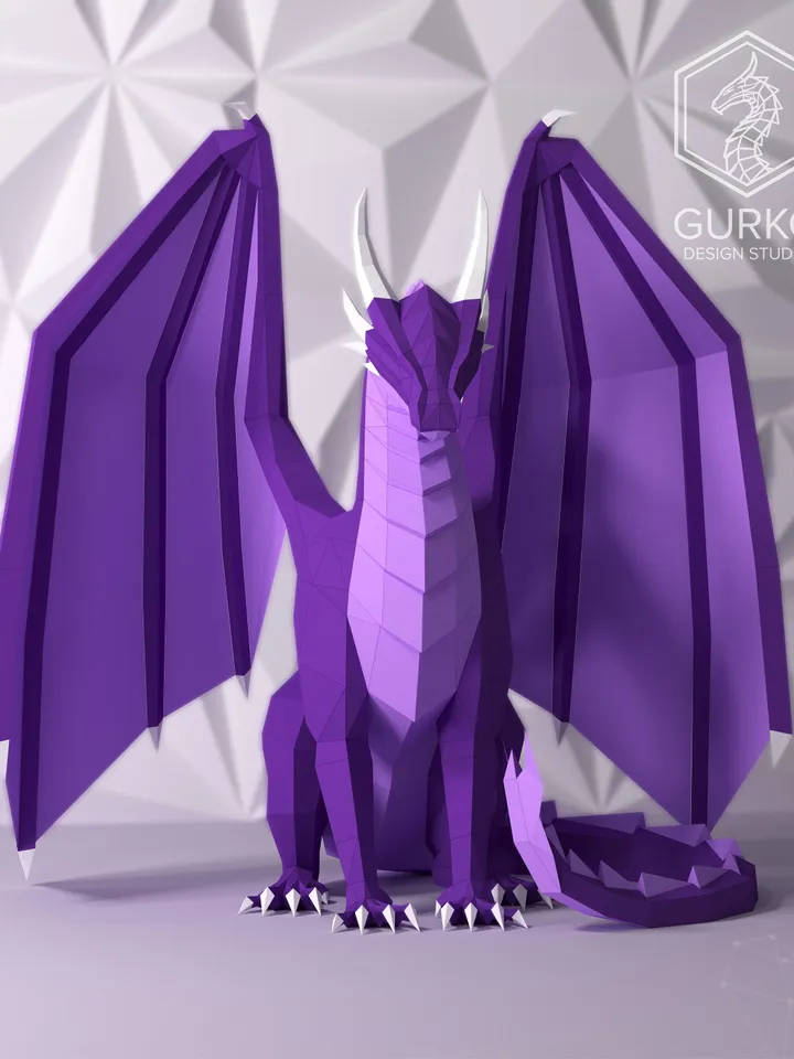 Seated Dragon Papercraft, Digital Template, PDF Download, Gurko, 3D Low Poly, Pepakura, Origami Sculpture, Paper Party Decoration, DIY Gift