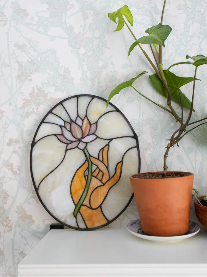 Stained glass window panel, Panel with lotus, Suncatcher, Home décor