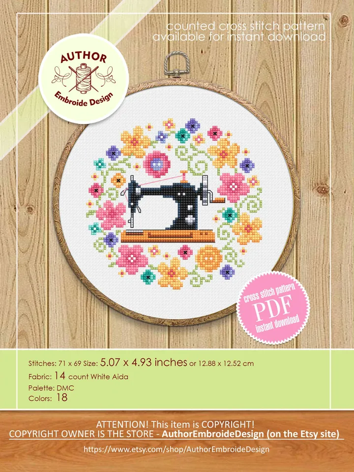 Floral sewing machine cross stitch pattern PDF instant download Sewing cross stitch chart, Floral pattern digital PDF Sewing room decor #O24