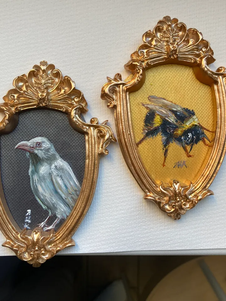 Framed Albino Raven Painting Small Original Witch’s Friend Artwork Crow Art Tiny Oil Painting Bird