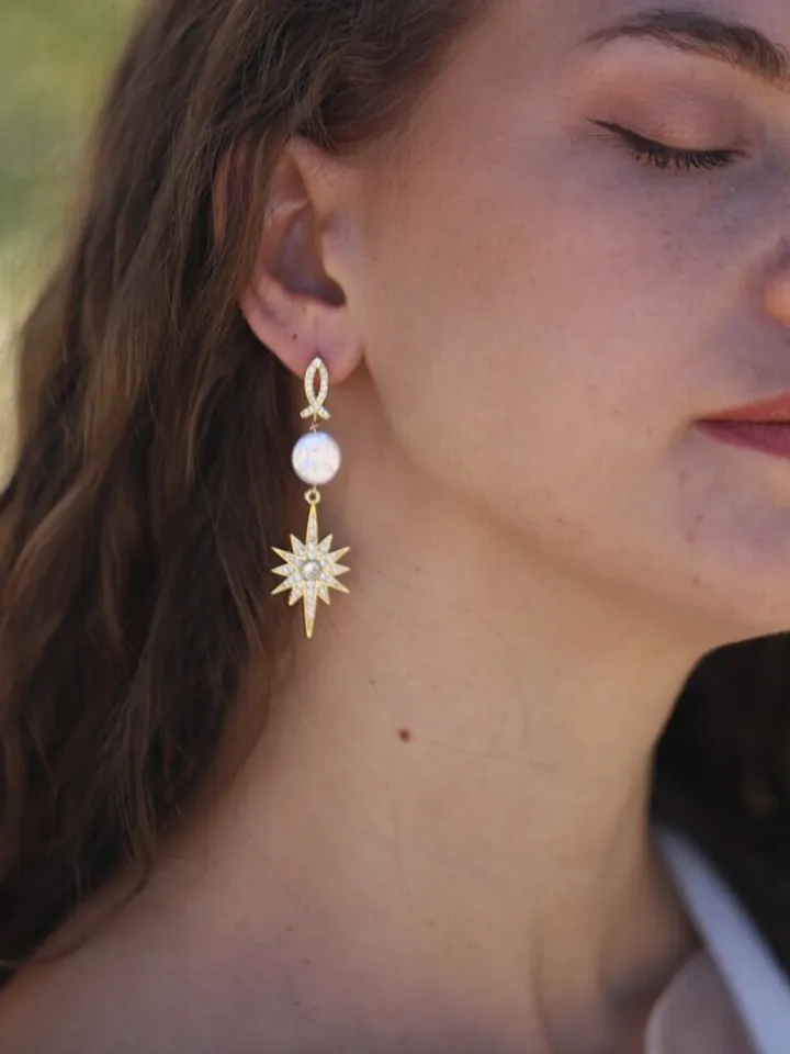 Natural Baroque Pearl Rose Gold Star Long Wedding Earrings, Art Deco Wedding Jewelry For Bride, 1920s Jewelry, Celestial Statement Earrings