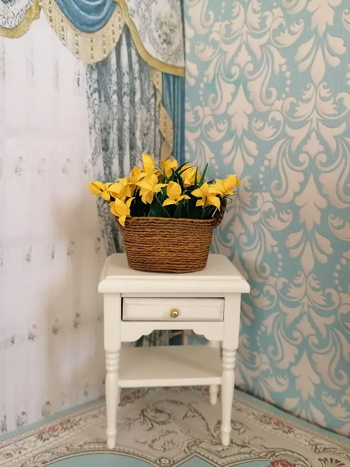 Flowers in a basket. Dollhouse miniature. Handmade. 1:12.