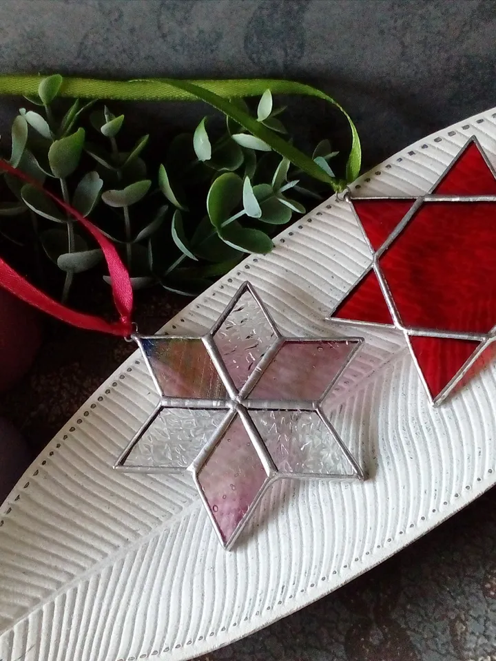 Set of 2 snowflake suncatchers, christmas ornaments, simple stained glass, Christmas decorations, Xmas tree star