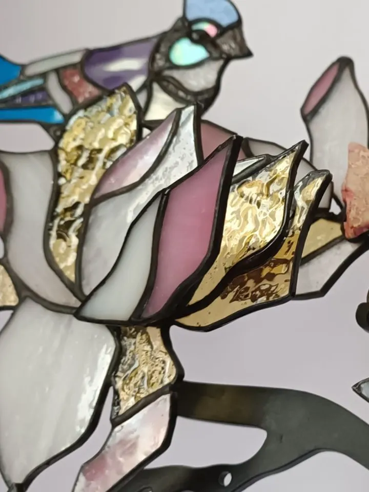 Jays on Magnolia Branch (Pink Large Flowers), Tiffany Stained Glass, Tiffany Glass Jay Birds on Magnolia Branch with Pink Blooms, Handcrafted Stained Glass Jays on Magnolia with Large Pink Flowers, Tiffany-Style Glass Art,Tiffany Stained Glass Composition