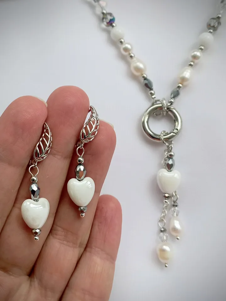 White Heart necklace and earrings set with natural pearls silver, heart shaped jewelry love gift, pearl earrings