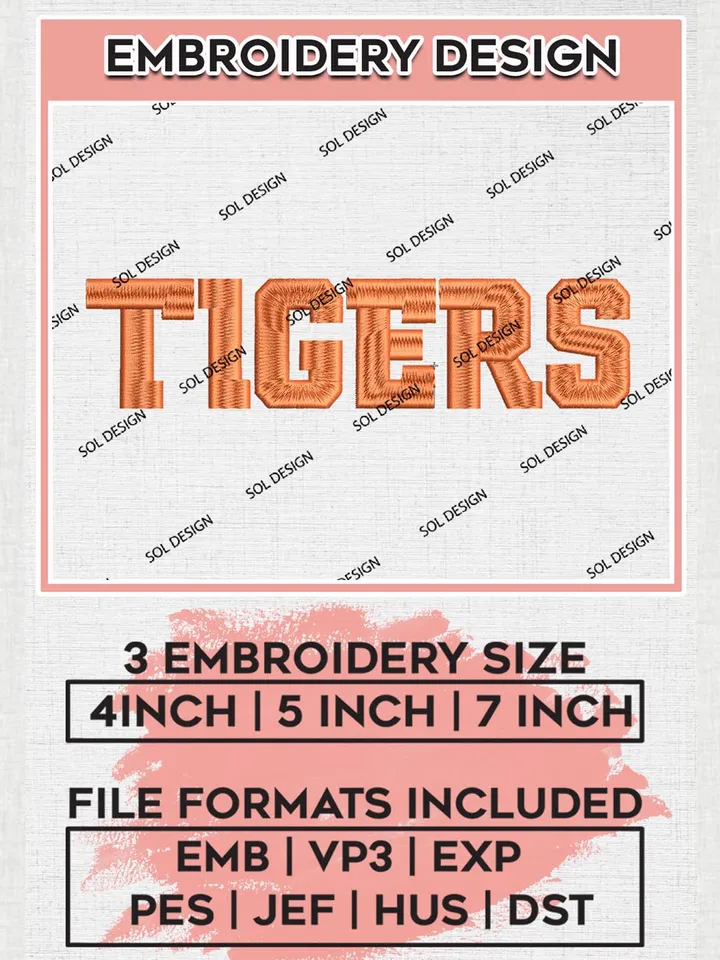 NCAA Tigers Team Writing Logo Embroidery Design Files, NCAA Clemson Tigers Machine Embroidery, NCAA Teams, 3 sizes, NCAA Machine embroidery designs, Digital Download