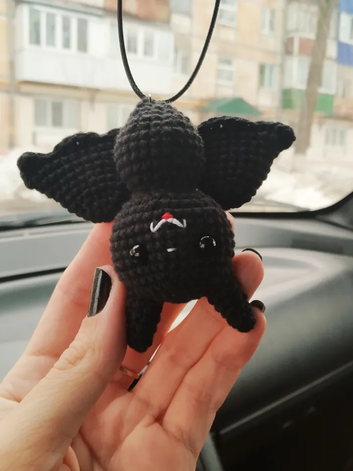 Bat rear view mirror accessories, black plush bat,
car decor, cute car accessories interior, kawaii bat plushie, car hanging, gothic gift for a friend, spooky car sharm, horror car accessories, Halloween gift.