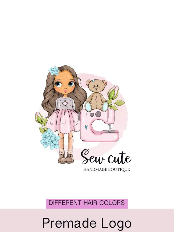 Cute sewing premade logo design with doll