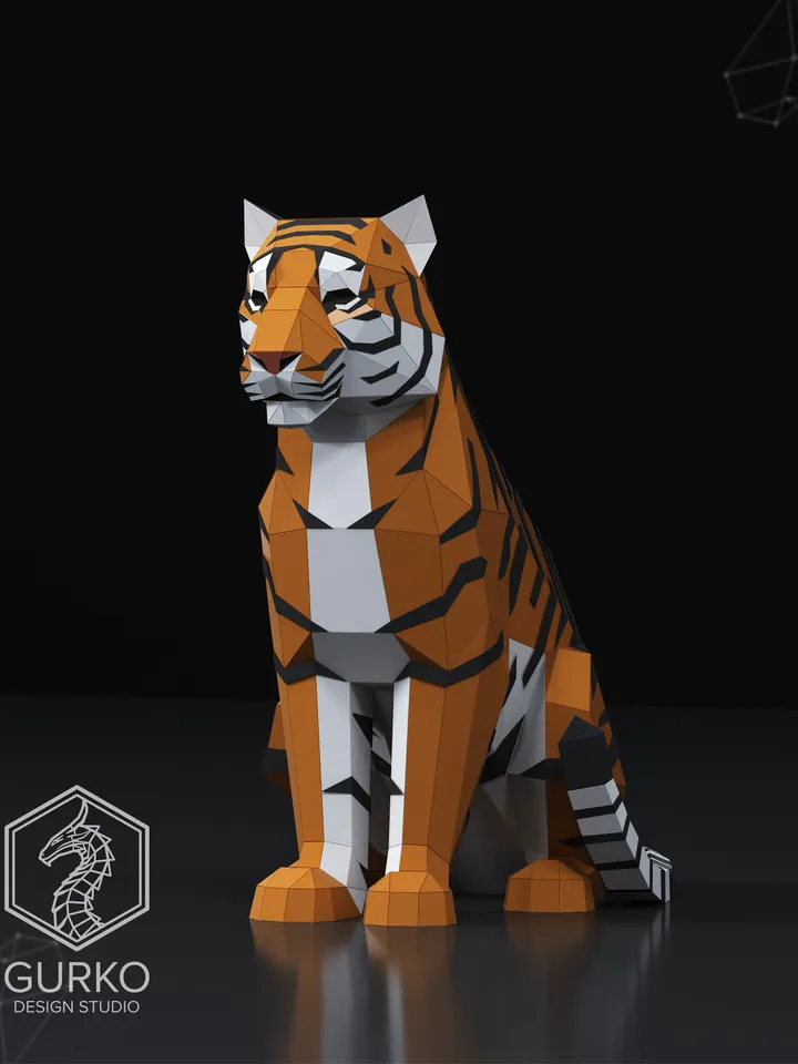 Sitting Tiger Papercraft, Cat, Digital Template, PDF Download, Gurko, 3D Low Poly, Pepakura, DIY Origami Sculpture, Paper Party Decoration
