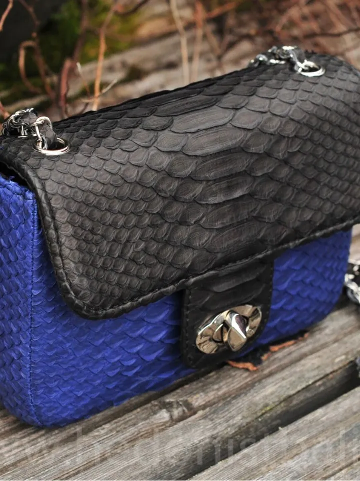 Genuine Python Skin crossbody black and blue bag | Adjustable Chain Classy Elegant Crossbody Small Lady Classy Bag | Python ColorblockPurse