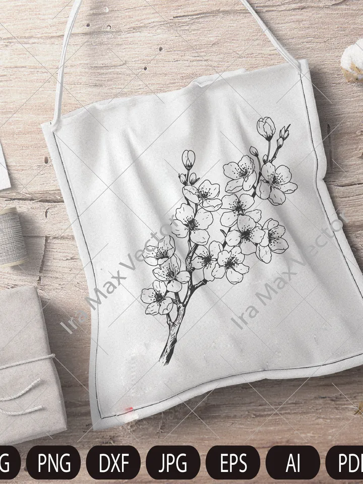 Cherry Blossom Line Art SVG, Floral SVG Bundle, Botanical Hand Drawn Illustration Clipart, Sakura svg