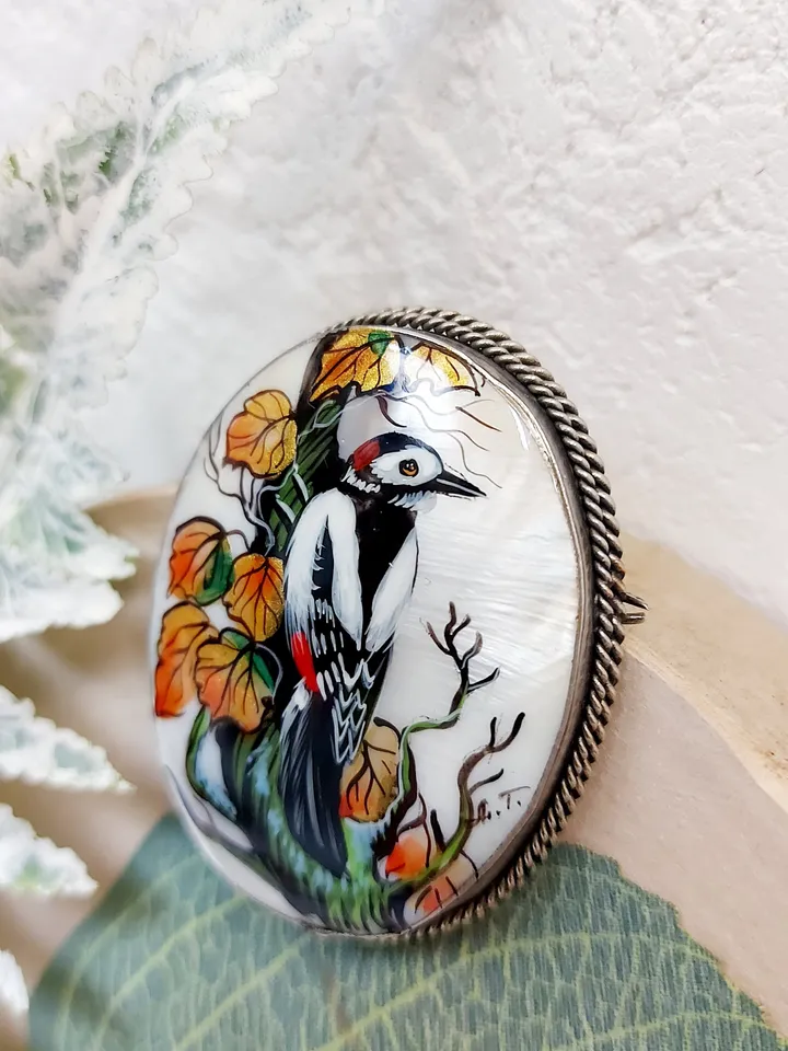 Handmade brooches for women with Forest Bird: hand painted mother of pearl brooch, elegant shell pin with Woodpecker in the forest