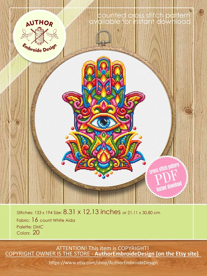 Hamsa hand cross stitch pattern PDF download Lotus flower mandala pattern PDF, Colorful Hand of Fatima cross stitch, Evil eye hamsa #M222