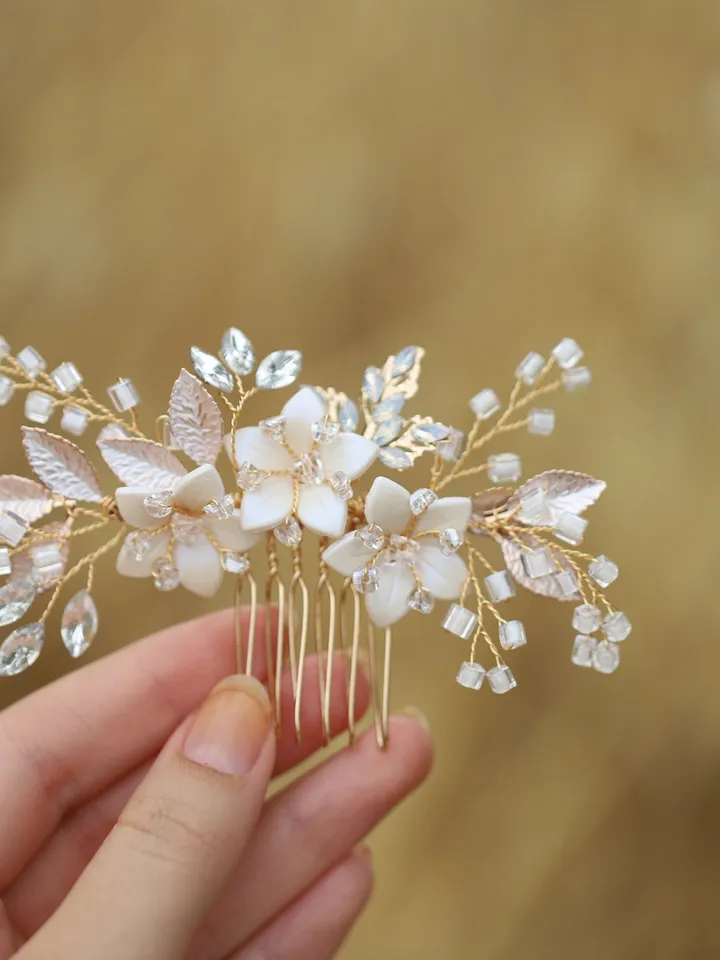 Floral Opal Crystal Bridal Hair Comb Earrings Jewelry Set, Wedding hair accessory, Ceramic Flowers Hair Comb, Gold Bridal Hair accessories