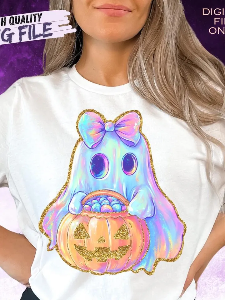 Iridescent Ghost Pumpkin PNG, Coquette Halloween Design, Iridescent Ghost Pumpkin Design, Halloween PNG, Girly Halloween Png, Cute Ghost Png