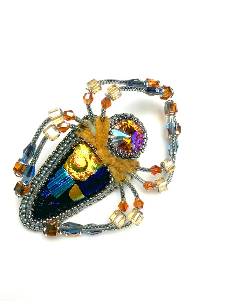 Orange spider brooch, Beaded insect brooch