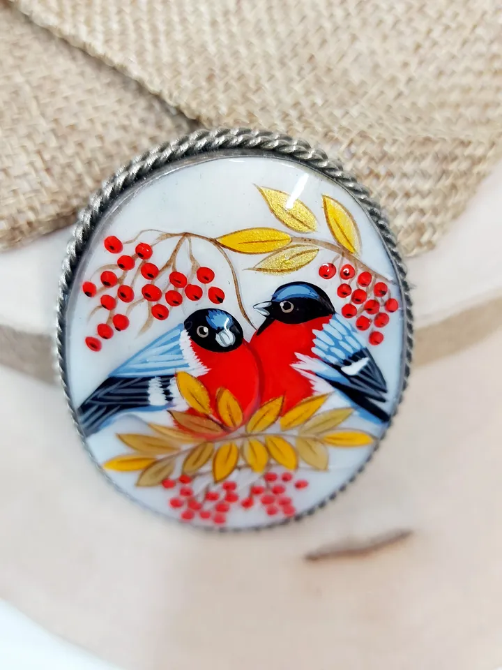 Russian jewelry brooch: Bullfinches couple. Hand painted miniature. Russian fine art style Fedoskino on abalone shell. Gift art pin for her