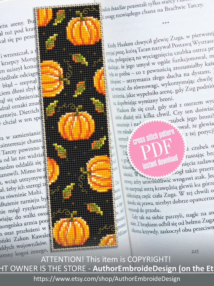 Pumpkin fall bookmark cross stitch pattern PDF download Pumpkin cross stitch chart Handmade bookmark digital pattern Autumn embroidery #B228