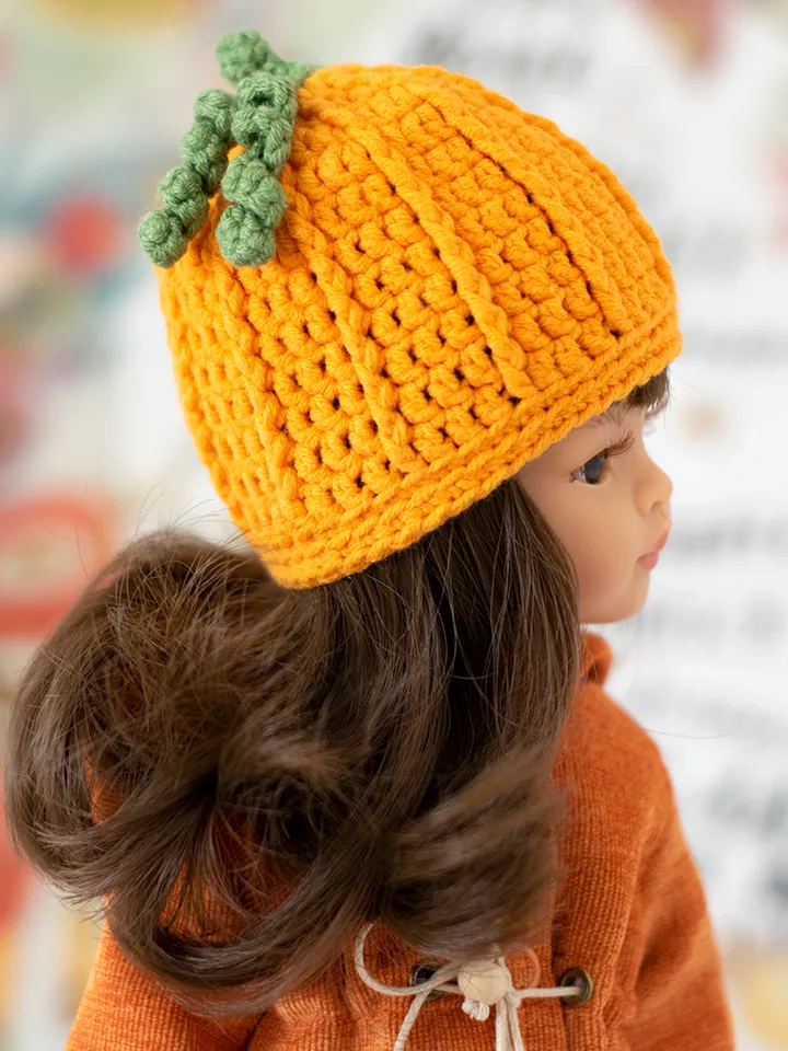 Orange pumpkin hat for Paola Reina doll, Meadowdolls Dumplings, Little Darling, Siblies, doll accessories for Halloween