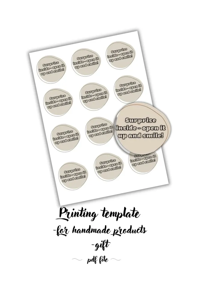 Printable template - round tag “Surprise inside - open and smile!”