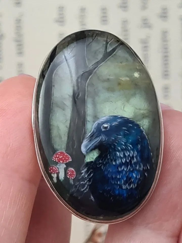 Raven ring Labradorite ring Stone painting Aaa large labradorite crow ring