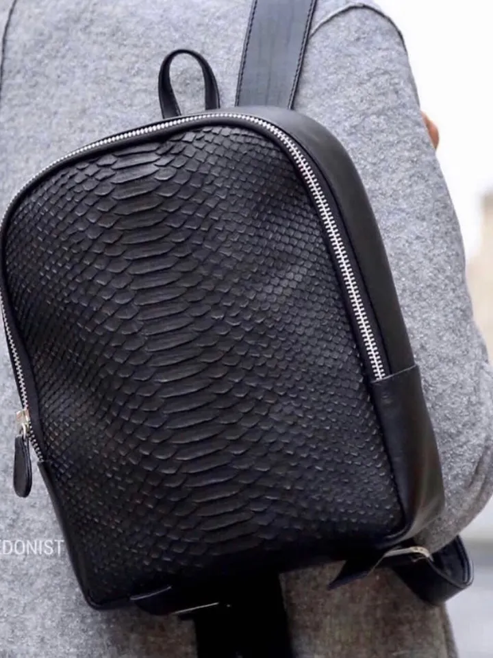 Leather black backpack python skin woman | Leather Rucksack | Girls Backpack Snake Skin | Backpack purse handmade genuine leather