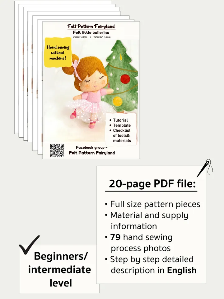 Felt ballerina hand sewing PDF tutorial with patterns. Christmas tree ornament. Soft doll pattern