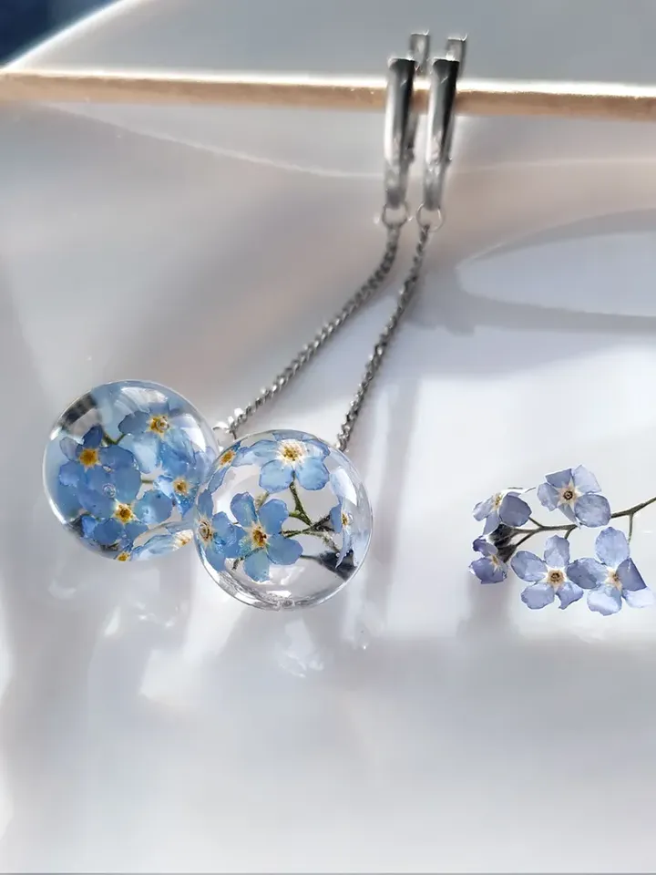 Earrings Silver rhodium plated 925 stars with real forget-me-nots