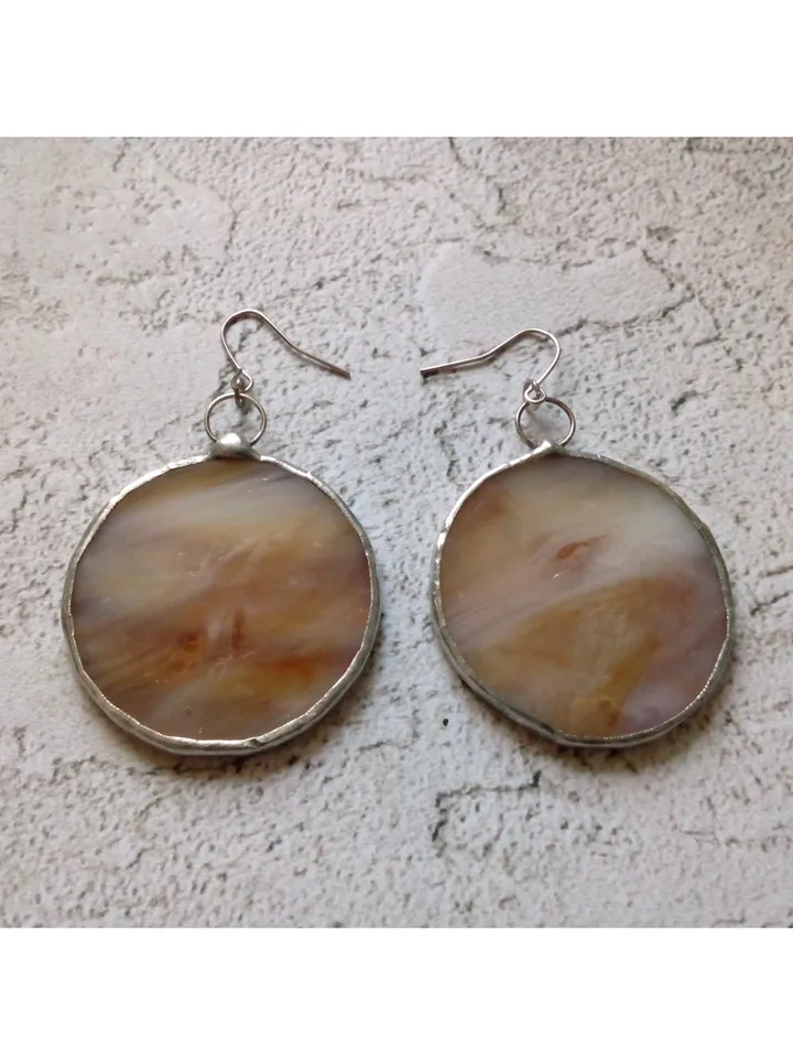 Stained glass brown earrings, Round stained glass, stainglass cute earrings, Dangle earrings, Geometric earrings