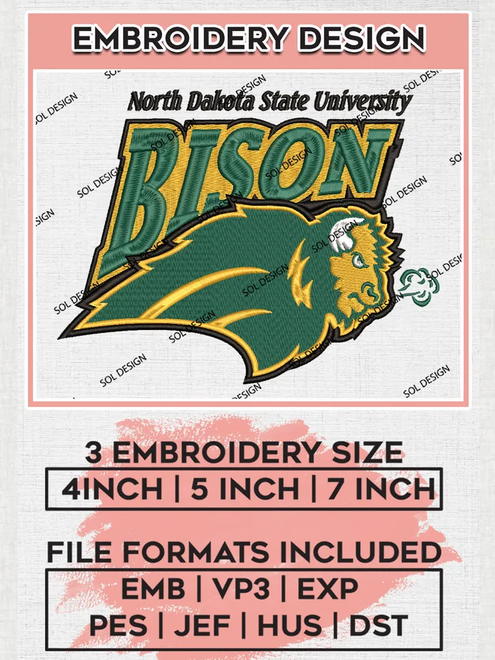 North Dakota State Uni.versity Bison Team Logo Embroidery Design Files, NCAA North Dakota State Bison Machine Embroidery, NCAA Teams, Game Day, 3 sizes, NCAA Machine embroidery designs, Digital Download