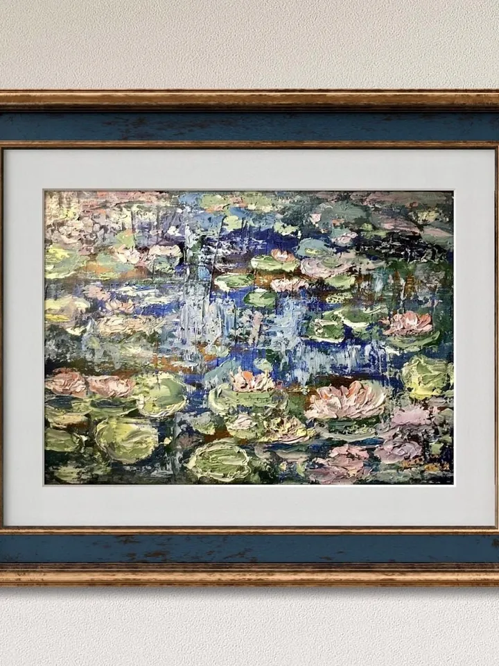 Waterlillies original oil painting on stretched canvas,textured impasto painting,pond of waterlilles,impressionistic,wall hanging,gift.