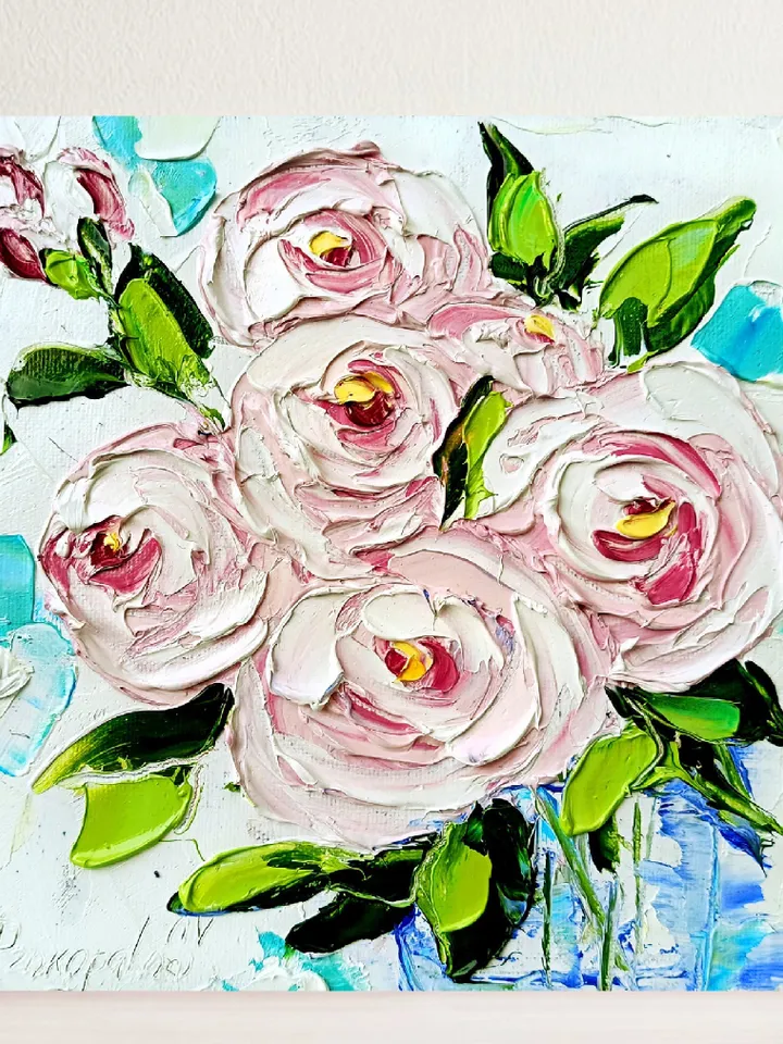 Peony Painting Original 8x8 Oil Impasto Boho Flower Miniature Floral Painting Abstract Floral Boho Shabby Chic Art Office Cottage Wall Art