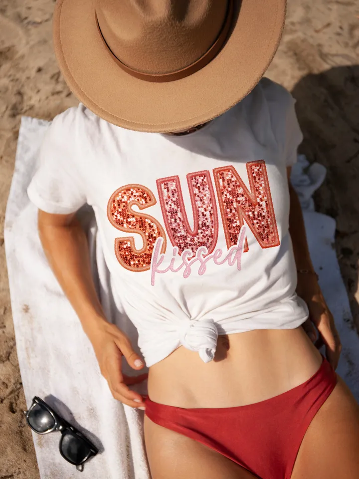 Sunkissed PNG Faux Sequins Embroidered Letters Springbreak Shirt Design Sunshine Shirt Design Here summer png, boho png,retro sublimation