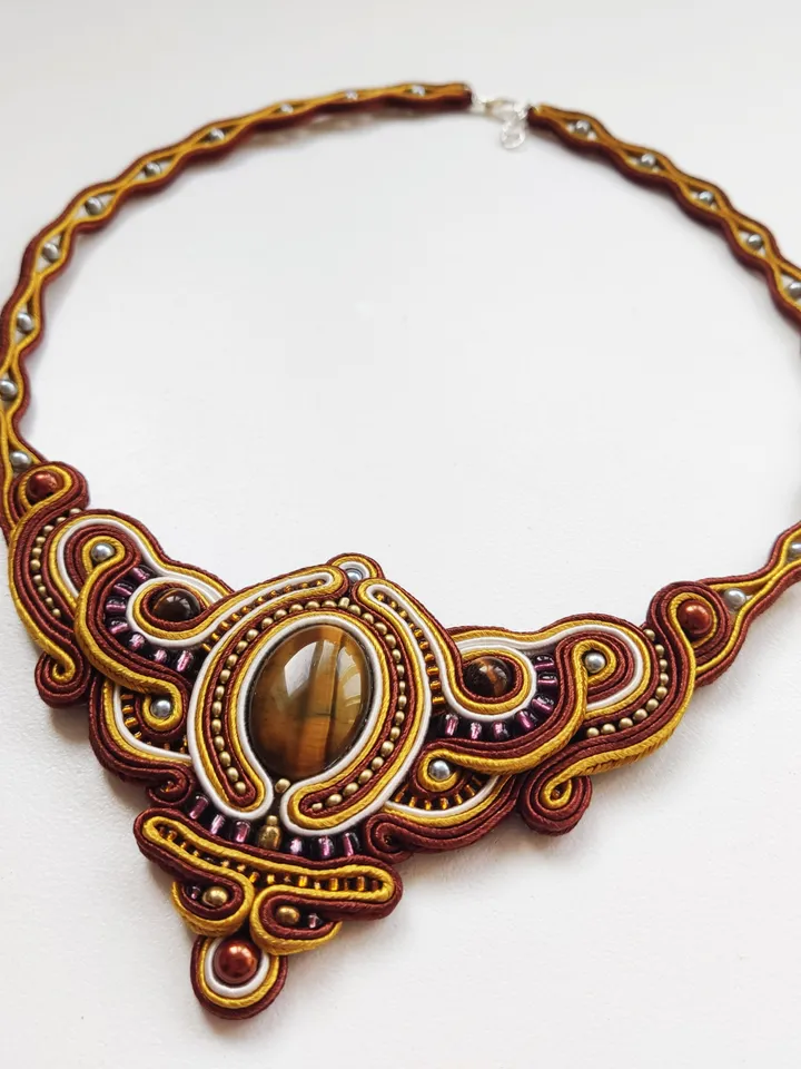 Tiger's eye necklace, Gold and brown statement necklace, Soutache necklace