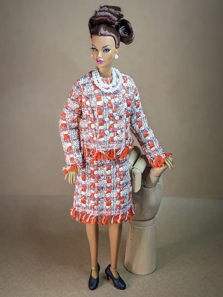 Handmade red & white bouclé suit with pearl clasps for 16-inch Fashion Royalty dolls (FR16)